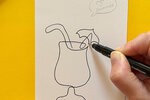 The picture shows the creation of a summery illustration in one-line art style. A black fineliner is used to draw a cocktail glass with a straw, umbrella and a speech bubble in which "summer" is written with a heart. The motif spreads a cheerful summer mood.