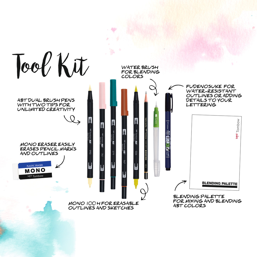  Tombow Blended Lettering Set includes 5 ABT Brush Pens, 1 Mono  Pencil, 1 Mono Eraser, 1 Fudenosuke, 1 Water Brush, Blending Palette and  Guide - Good Times, BS-FH2 : Arts, Crafts & Sewing